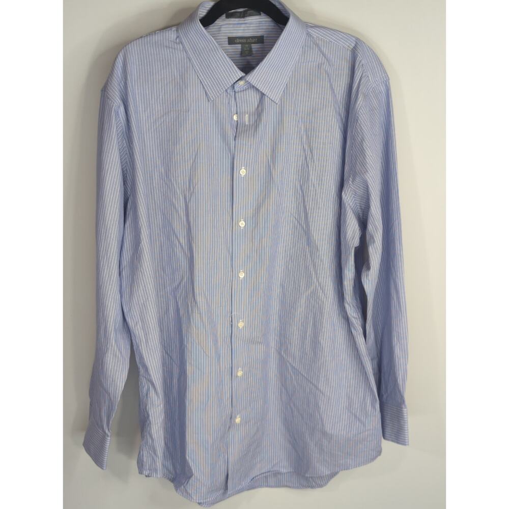 Dress Shirt Blue &‎ White Striped Non-Iron Button Shirt Men's 18 Cotton Trim Fit
